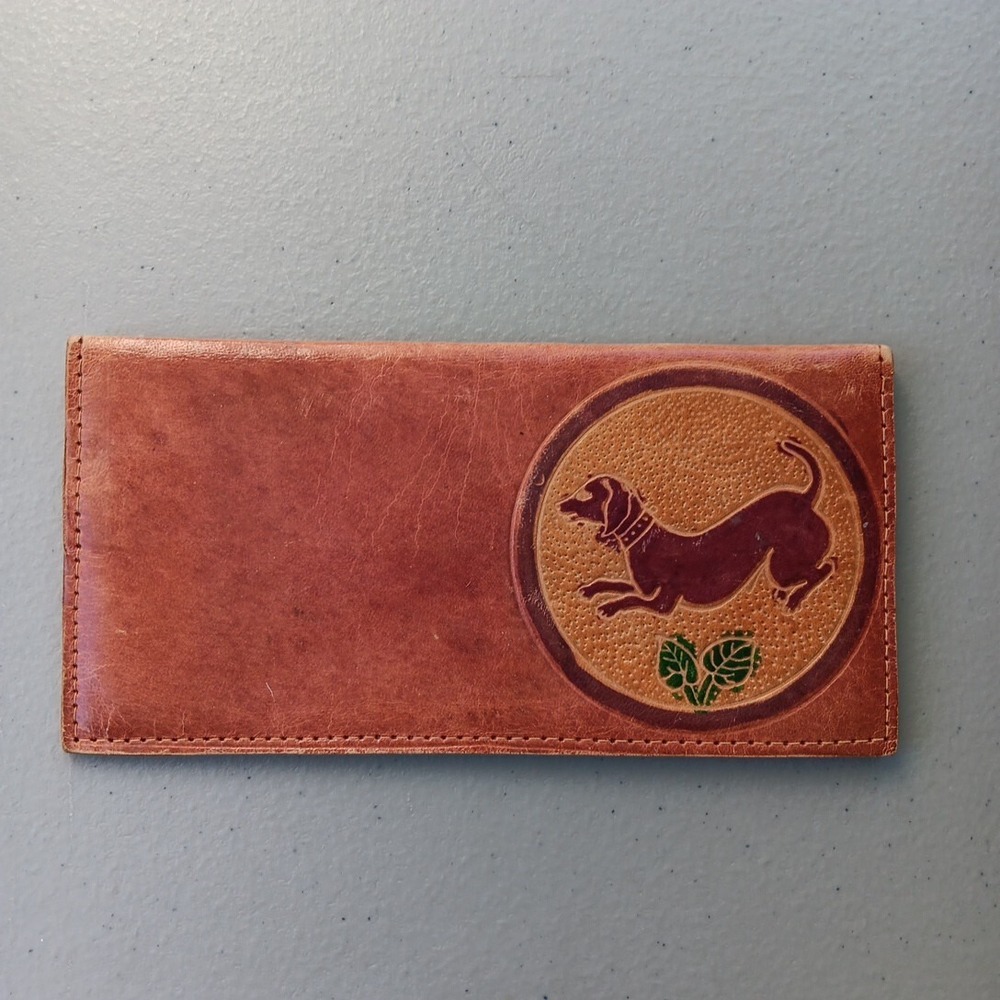 VTG‎ Hand Tooled Leather Wallet Billfold Bifold Coupon Holder Wiener Dog Crafted
